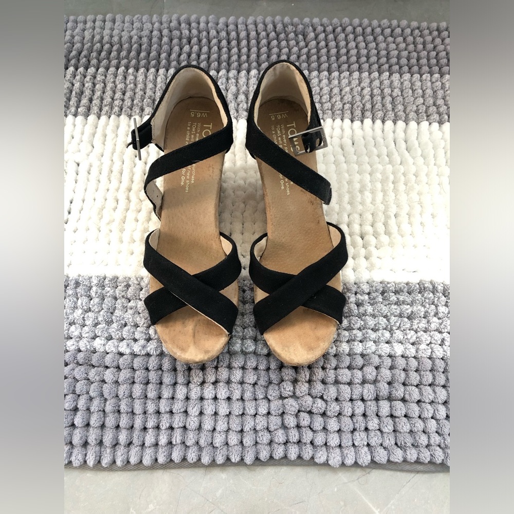 TOMS Strappy Canvas Wedge Sandal in Black
